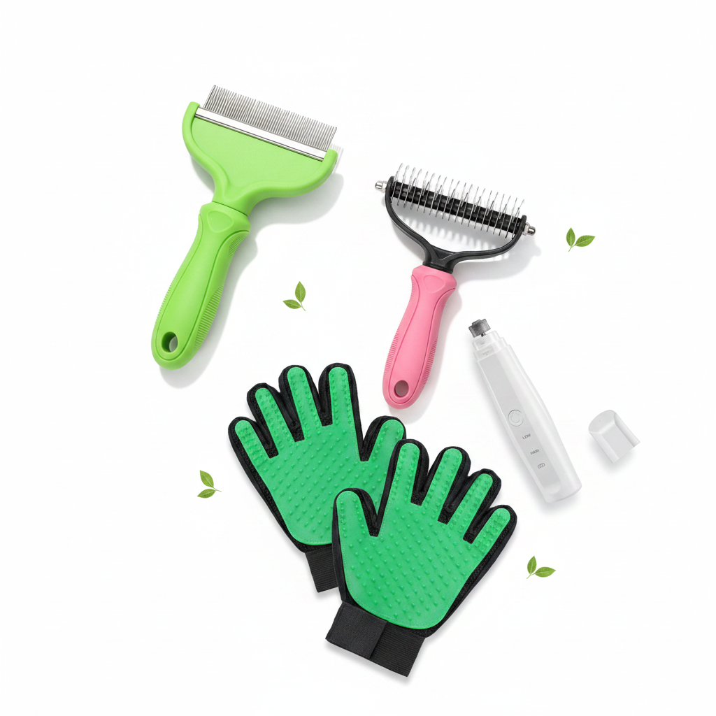 FurFlick Complete Grooming Kit - 4-piece bundle including self-cleaning comb, deshedding rake, nail grinder, and silicone grooming glove