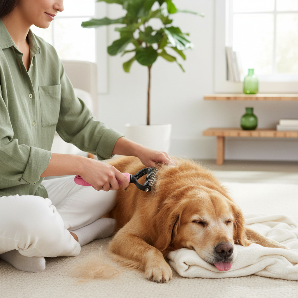 Person grooming a Golden Retriever with the FurFlick Deshedding Rake
