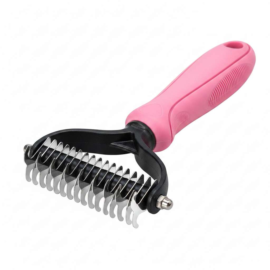 FurFlick Deshedding Rake close-up showing dual-sided stainless steel blades on white background