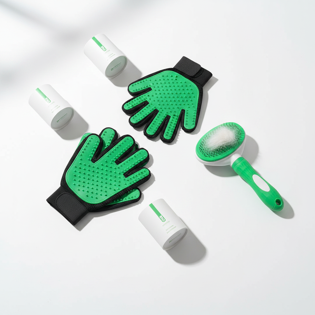 FurFlick Pamper Pack - silicone grooming glove and self-cleaning comb bundle for dogs and cats